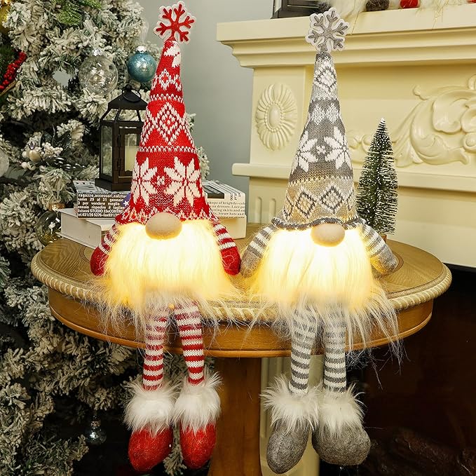 Juegoal 2 Pack Lighted Christmas Gnomes with Dangling Legs, 19.5Inch Handmade Scandinavian Swedish Tomte, Battery Operated Winter Tabletop Christmas Decorations Collectible Figurines