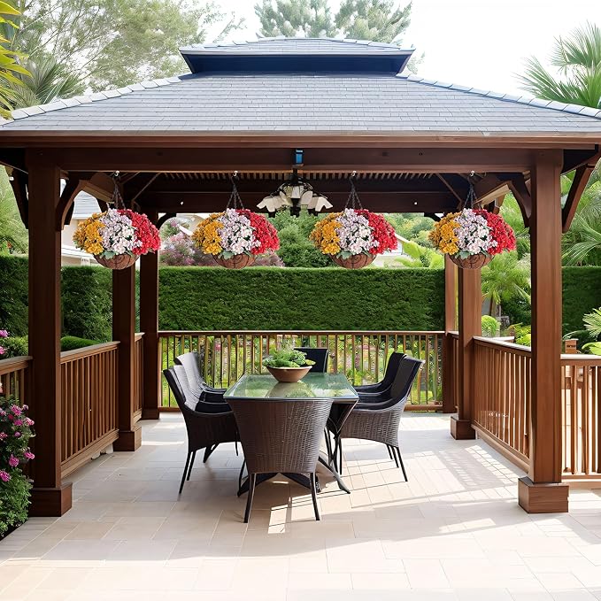 Artificial Flower in Hanging Basket Outdoor Indoor Decoration,Coconut Lining Flowerpot with Faux Plant,Daisy with Eucalyptus Leaves Arrangement for Home Spring Summer Decor(Red White Yellow)