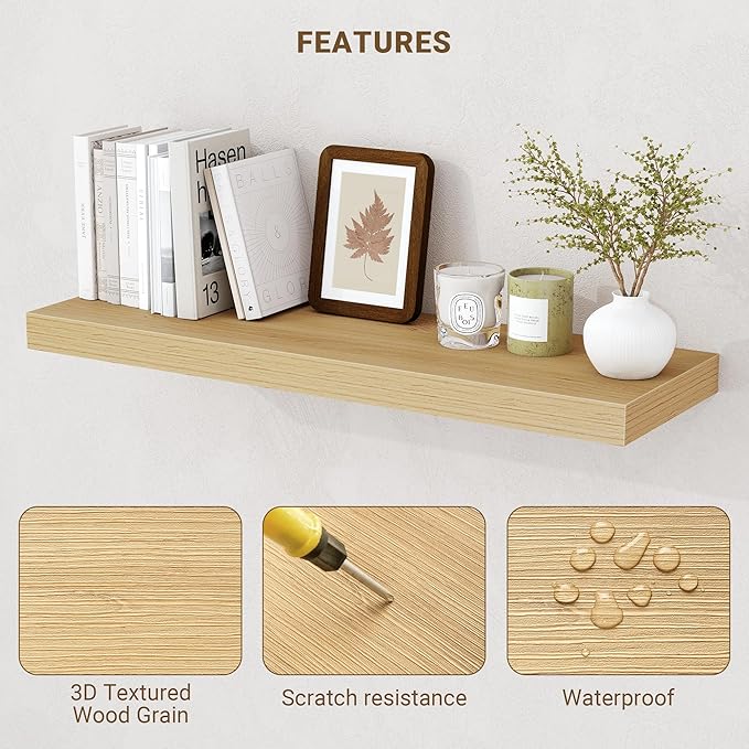 Acovy 48 Inch Floating Shelves, 3D Textured Wood Grain, 48"x9.25"x1.5" Inch Deep Floating Shelves for Wall, Wooden Shelves for Bathroom, Bedroom, Living Room, Natural, 1 Piece