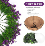 Artificial Faux Hanging Plants Flowers Basket for Outdoors Spring Summer Decoration, Hanging Planters with Fake Silk Flowers UV Resistant Realistic for Outside Porch Patio Balcony Garden Home （Purple）