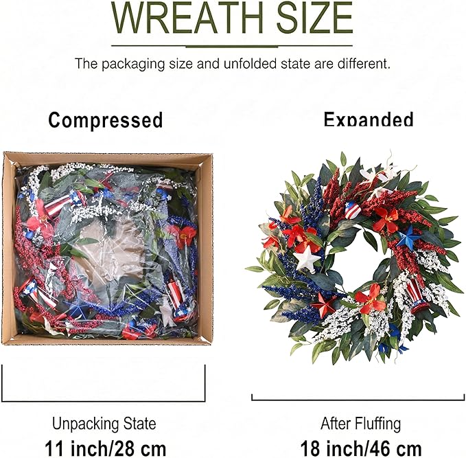 DecorbyHannah 4th of July Wreaths for Front Door, 18 inch Patriotic Wreath for Independence Day, Flag Day, Red White Blue Wreath Decorations with Top Hat Ornaments for Wall Porch USA 250th Holiday