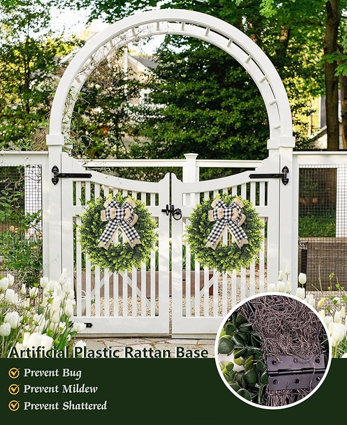 Set of 2, 20‘’ Boxwood Wreath for Front Door, Porch, Window - Foldable Greenery Boxwood Wreaths for Farmhouse Wedding Indoor Outdoor Decor - Spring, Summer, Fall, All Seasons (with Bow)