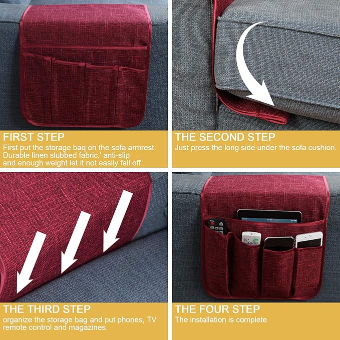 Sofa Armrest Organizer Non-Slip Remote Control Holders for Recliner Couch Chair Armchair Caddy with 5 Pockets for Table,Cell Phone,Ipad,Magazines,Books (Winered, 13 x 35 Inch)