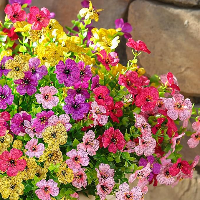 Artificial Fake Flowers Plants for Outdoors Spring Summer Decor,16 Bundles Faux Plant Flowers Silk Daisy UV Resistant for Outside Planter Front Porch Patio Yard Garden Home(Pink,Purple,Yellow,Fuchsia)