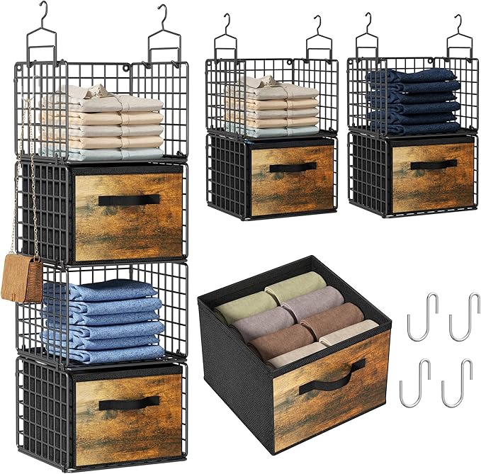 Hanging Closet Organizer with Drawers, 4 Tier Metal Closet Organizers and Storage with 4 Hanging Hooks 4 S-Hooks for Wardrobe Laundry Room, Wire Storage Shelf for Clothes Sweaters Pants (Black)