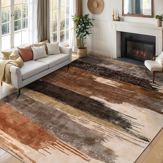 Ciicool Modern Abstract Brown Grey Rug for Living Room, 6'x9' Machine Washable Area Rug Non-Slip Rug, Low-Pile Contemporary Indoor Dining Floor Carpet for Bedroom Office Under Table Home Decor