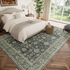 Washable 8x10 Area Rugs for Living Room, Boho Non-Slip Vintage Distress Large Rugs for Bedroom Dining Room Nursery Office, 0.3" Neutral Oriental Throw Thin Carpet, Sage Green/Blue/Multi