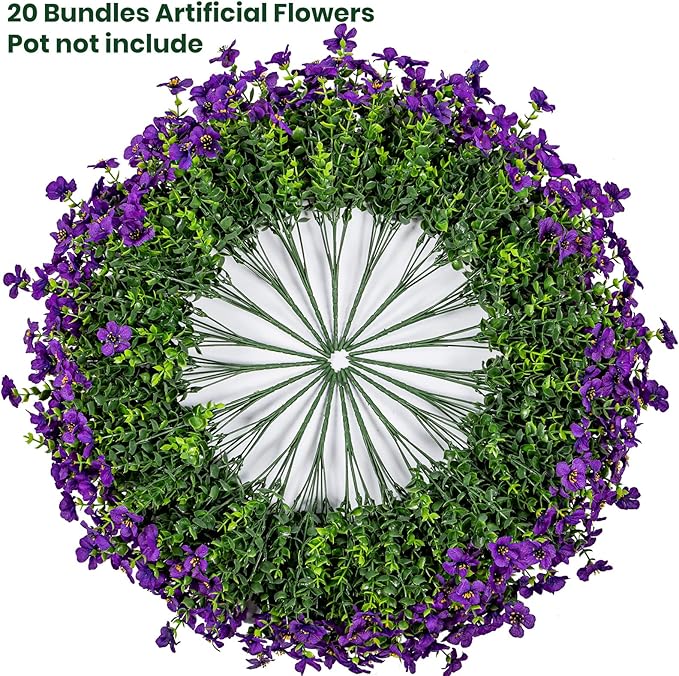 Lnoicy 20 Bundles Artificial Flowers for Outdoor Fake Plants for Spring Decoration,Faux Eucalyptus Flowers for Planter UV Resistant Lifelike for Home Porch Garden（Purple）