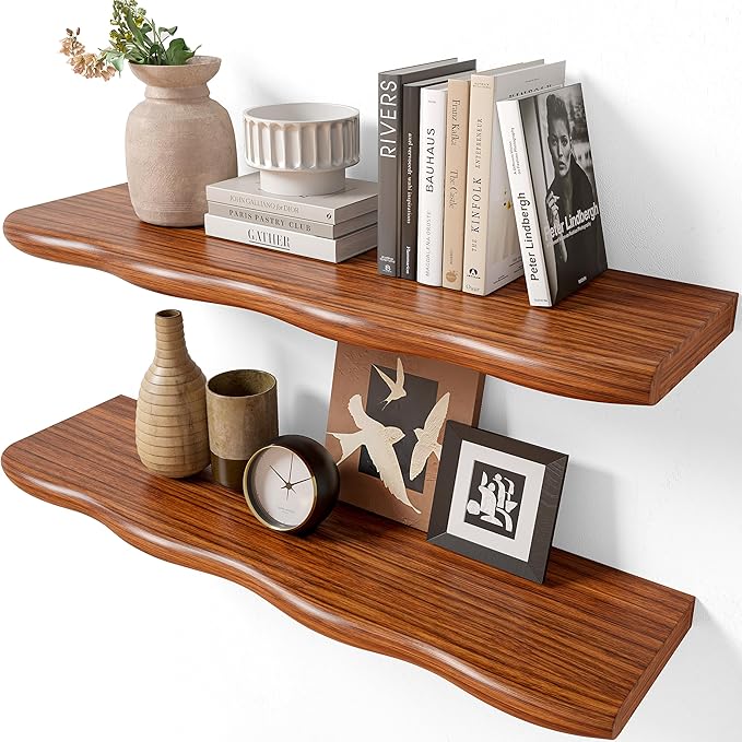YUFLINX 24inch Walnut Finished Floating Shelves for Wall,Luxury Rustic Solid Pine Wood Shelf Bracket for Room Decor,Wall Mounted Hanging Shelves for Bedroom,Living Room, Set of 2