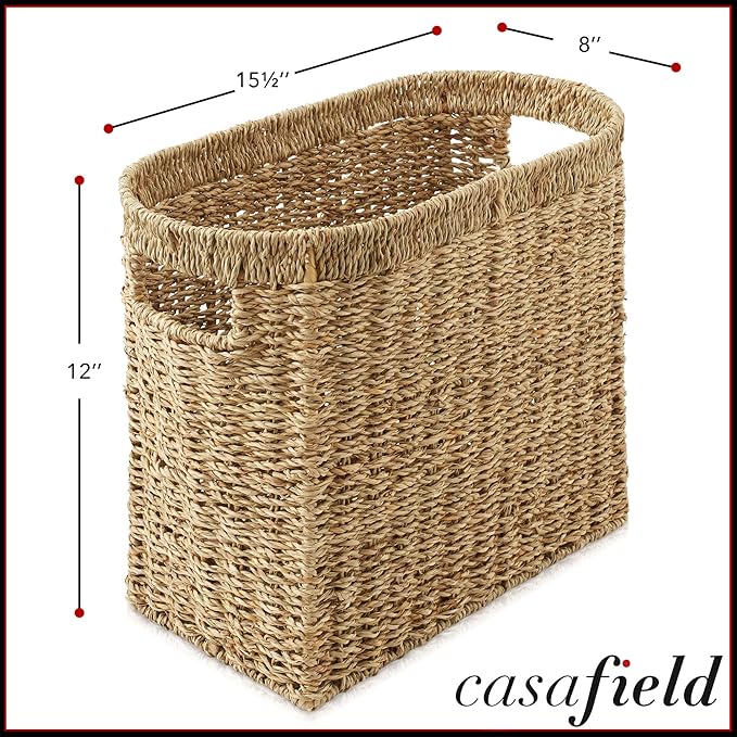 Casafield Woven Magazine Holder with Handles, Natural - Seagrass Storage Basket for Bathroom, Living Room, Home Office