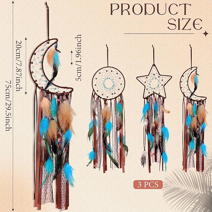 Jetec 3 Pcs Dream Catcher Moon Sun Star Design Handmade Traditional Design Craft Ornament Wall Art Hanging Home Decoration Bedroom Wedding (Dark Blue)