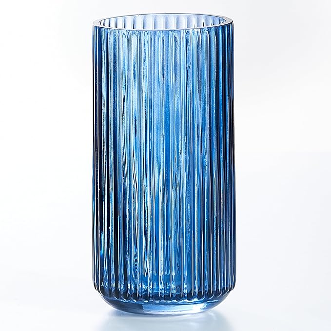 7.5 inch Blue Glass Flower Vase for Pampas Grass, Medium Decorative Centerpiece Ribbed Vase for Dining Table, Office Desktop, Shelf Bookshelf, Mantel, Entryway, Bathroom, Countertop,Gift