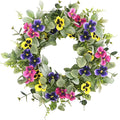 Artificial Spring Summer Wreath with Pansy Flowers,Flocked Lamb Ear Leaves,Eucalyptus Leaves,Fern Branches for Front Door Indoor Outdoor Farmhouse Wall Holiday Decor, White Gift Box Included