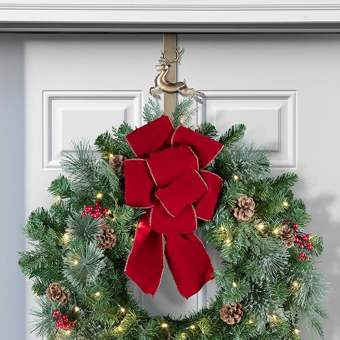 Haute Decor Adapt Adjustable Length Wreath Hanger with Interchangeable Icons (4 Wreath Hangers in 1) (Antique Brass-Reindeer/Pumpkin/Butterfly/Fleur de lis)