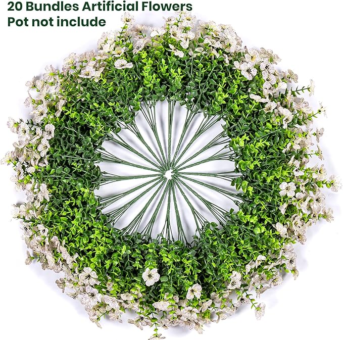 Lnoicy 20 Bundles Artificial Flowers for Outdoor Fake Plants for Spring Decoration,Faux Eucalyptus Flowers for Planter UV Resistant Lifelike for Home Porch Garden（White）