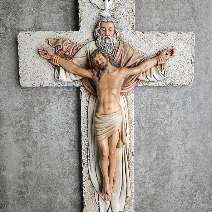 BC Catholic Holy Trinity Crucifix Wall Cross, 9.5" H Jesus Christ Inspirational Home Décor, Catholic Gifts, Religious Wall Sculpture handpainted by Buildclassic