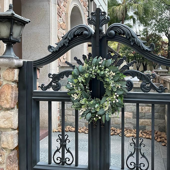 24 Inch Greenery Wreaths for Front Door – Artificial Eucalyptus Wreath with White Berries and Mixed Green Leaves, Year-Round Farmhouse Indoor Outdoor Door Wreath for Spring Summer Home Decor