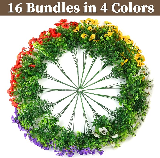 16 Bundles Artificial Fake Pansy Flowers for Outdoor - Yellow, White，Sunset red & Purple Faux Pansies Flowers, Fake Flowers for Outdoor Planters, Porch, Garden, Window Boxes, and Home Decoration