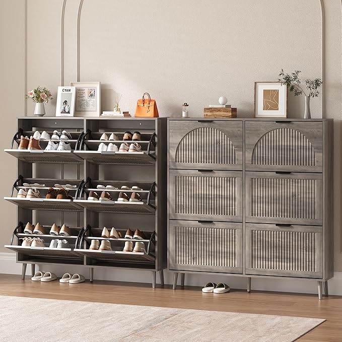 Shoe Cabinet for Entryway with 6 Flip Drawers, Slim Wooden Shoe Storage Organizer with Modern Fluted Pannel，Freestanding Narrow Hidden Shoe Rack for Hallway, Foyer, Living Room