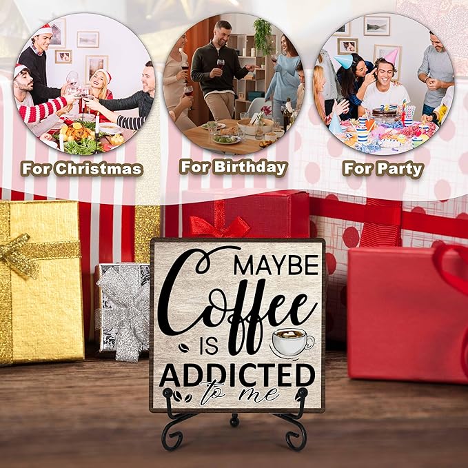 Coffee Bar Decor Sign, Coffee Is Addicted, Funny Farmhouse Home Wooden Plaque with Iron Stand, Cafe Station Decor for Coner-A14