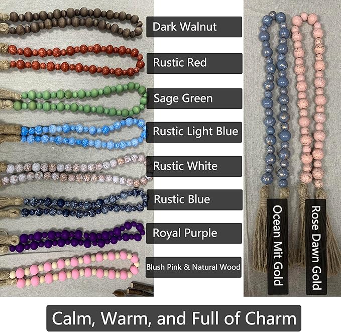 Handcrafted Farmhouse Wooden Decorative Beads Garland, Table Tray Boho Wood Beads with Tassel, Small Rustic Antique Decor for Home and Events (Rose Dawn Gold)