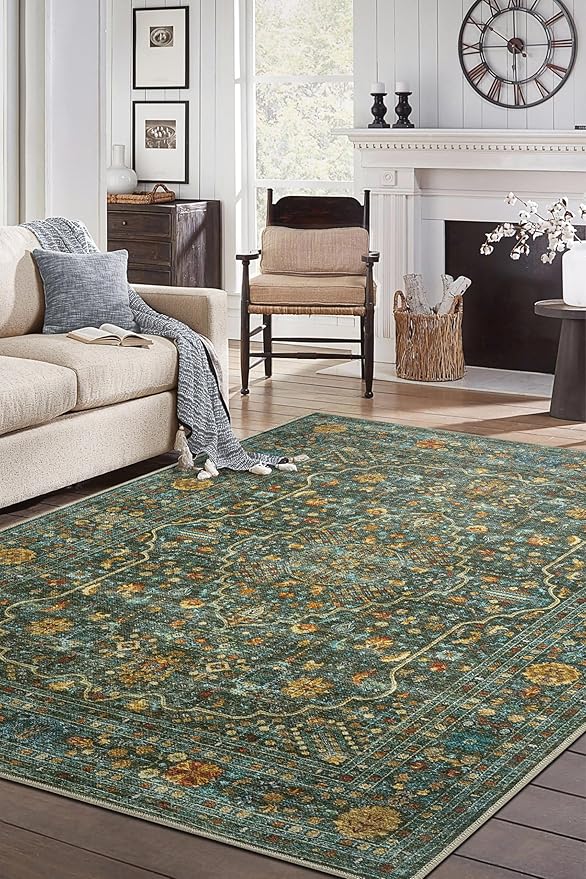 Keen Home Design 8x10 Rug - Machine Washable Area Rug with Non-Slip Backing, Ideal for Living Room, Dining Room, Bedroom - Vintage, Easy Clean, Durable, Low Pile Rug - (8' x 10')