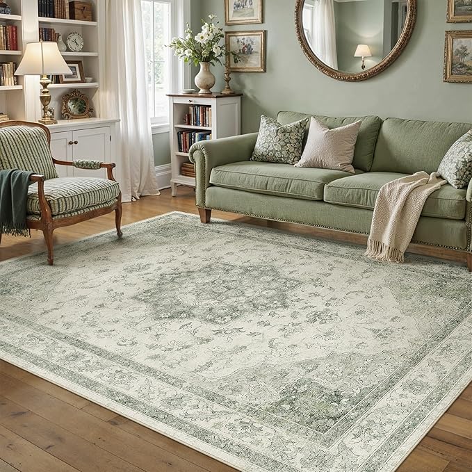 Green Area Rug 4x6 Washable Vintage Carpet Entryway Office Soft Retro Kitchen Low Pile Thin Door Mat Non Slip Oriental Medallion Throw Small Rug for Bathroom Bedroom Dining Living Room