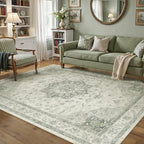 Green Area Rug 4x6 Washable Vintage Carpet Entryway Office Soft Retro Kitchen Low Pile Thin Door Mat Non Slip Oriental Medallion Throw Small Rug for Bathroom Bedroom Dining Living Room