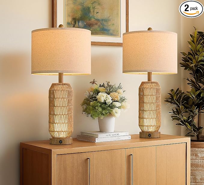 OYEARS 25" Table Lamps Set of 2 with Night Light,Bedside Lamps for Bedroom,Boho Lamps with USB C+A Charging Ports,Farmhouse Table Lamp with Rattan,Frosted Glass,Linen Shade,Wood Grain (Bulb Included)