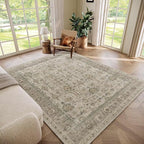 Washable 5x7 Area Rugs for Living Room, Boho Non-Slip Vintage Distress Rugs for Bedroom Dining Room Nursery Office, 0.3" Neutral Oriental Throw Thin Carpet with Cushioning Pad, Flaxen/Brown/Multi