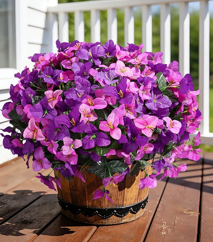 Faux Bougainvillea Artificial Flowers for Outdoors Fake Plants Spring Outdoor Decor, 4 Bundles UV Resistant Realistic Bougainvillea Silk Flowers for Outside Porch Patio Window Planter Garden Home