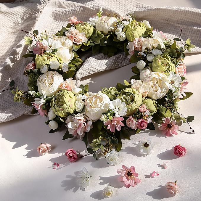 Peony Wreath 23'' Spring Wreaths for Front Door, Artificial Large Floral Wreath for Front Door Wall Decor, Valentine’s Day Home Wedding Housewarming Gift EZsenses (Green)