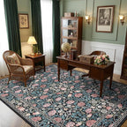 GarveeHome Indigo Blue and Pink Vintage Floral Washable 6x9 Area Rugs for Living Room Boho Retro Rug Low Pile Stain Resistance Non Slip Carpet for Bedroom Nursery Dining Room