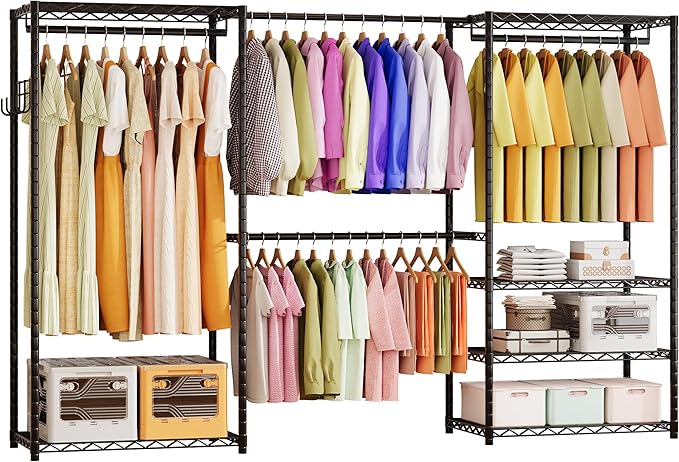 ecobedding Heavy Duty Garment Rack, 1000LBS Max Load Freestanding Closet Organizer with 6 Storage Shelves & 3 Adjustable Hanging Rods, Multifunctional, Glossy Black, 15.75" D x 70-88.5" W x 76.5" H
