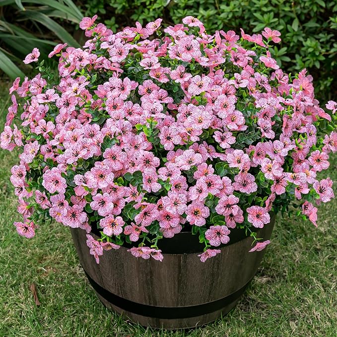 Lnoicy 20 Bundles Artificial Flowers for Outdoor Fake Plants for Spring Decoration,Faux Eucalyptus Flowers for Planter UV Resistant Lifelike for Home Porch Garden（Pink）