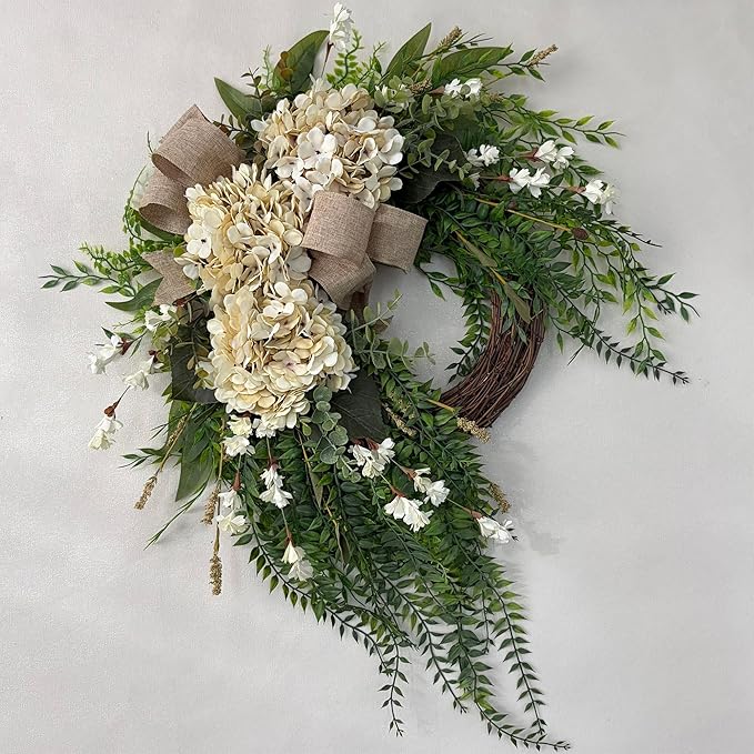 Hydrangea Wreath, 22 Inch Spring Wreath for Front Door, Summer Wreath with White Hydrangea, Greenery and Burlap Bow, Farmhouse Floral Door Wreath for Indoor Outdoor Wall Porch Décor