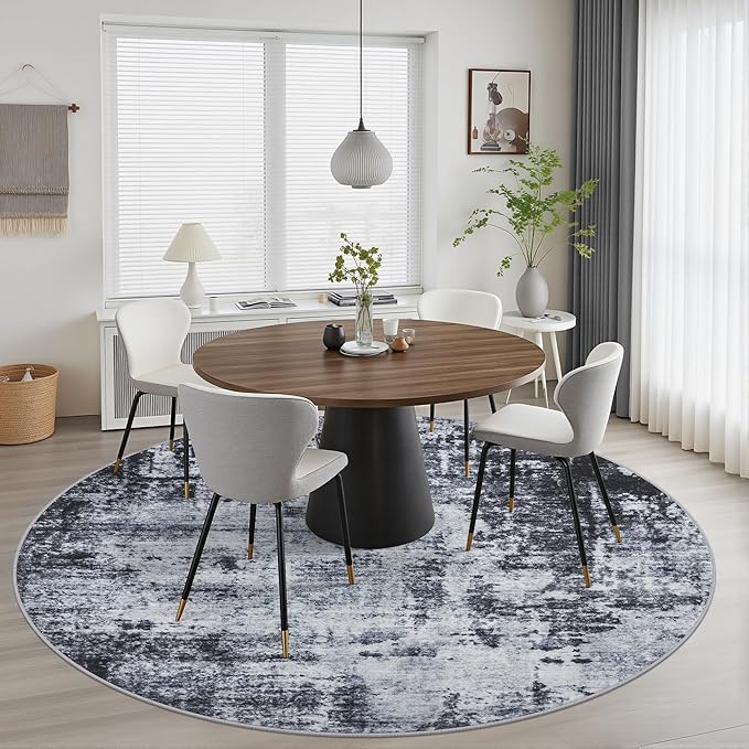 Round Area Rug for Living Room: 6 ft Washable Modern Abstract Soft Thin Rug Indoor Floor No Slip Stain Resistant Carpet for Bedroom Dining Room Farmhouse Nursery Home Office - Dark Black