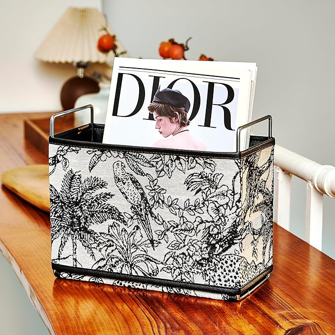 Jungle Theme Magazine Holder - Black & White Embroidered Fabric Magazine Rack Floor, Vintage Faux Leather Newspaper Book Basket Box for Bathroom, Living Room and Toilet (Random Pattern)
