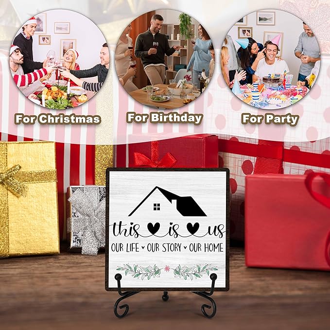 Welcome Home Sign, Home Kitchen Decor and Accessories, This Is Us Sign, Farmhouse Wooden Plaque with Iron Stand for Living Room Bedroom Table Shelf Decor-A18
