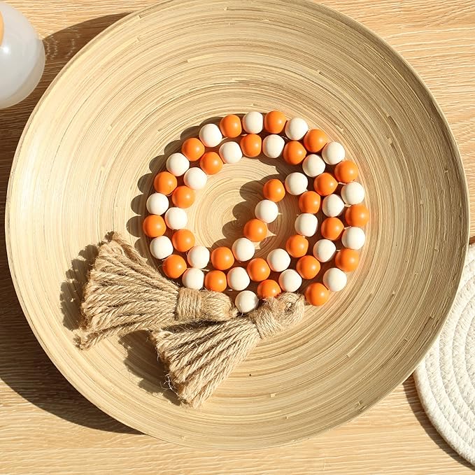 Meplait Fall Wood Bead Garland, 39in Farmhouse Beads with Tassels Halloween Tiered Tray Decor Decorative Beads Home Decor（Orange & Natural）