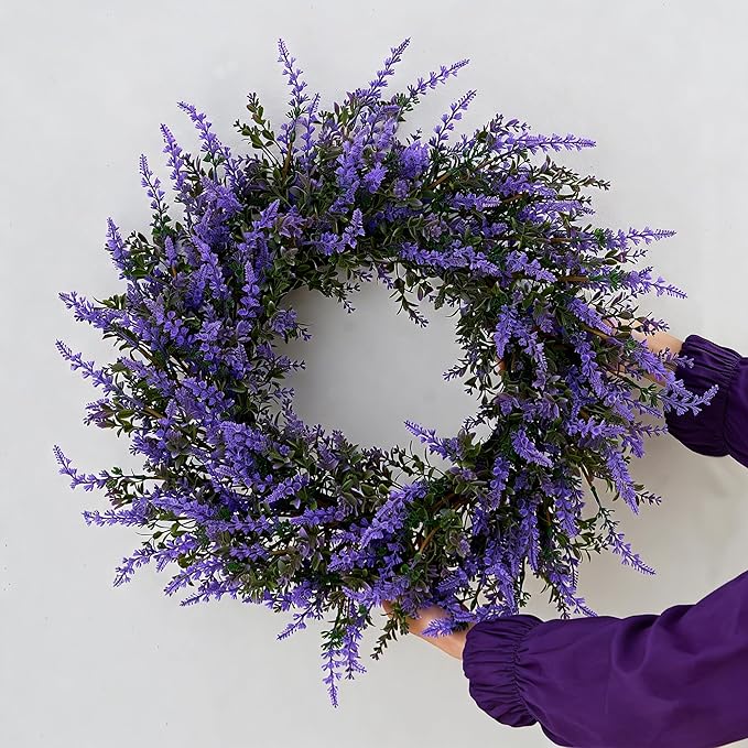 26" Purple Lavender and Eucalyptus Wreath - Artificial Farmhouse Front Door Decor for Porch, Window, Wall | Spring, Summer, Fall Home Decor Gift