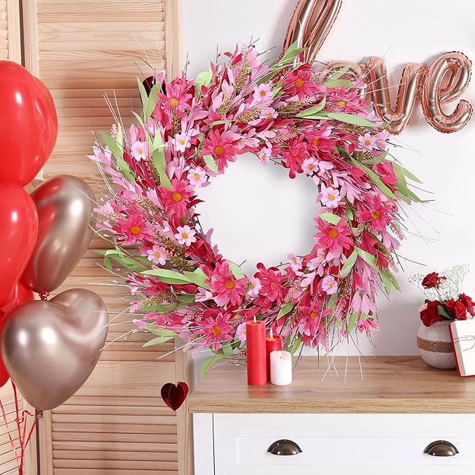 Sggvecsy 21in Artificial Pink Forsythia Wreath Spring Summer Fake Daisy Wreath Handmade Wreath with Daisies Lavender for Gifts Festival Front Door Window Wall Farmhouse Decor