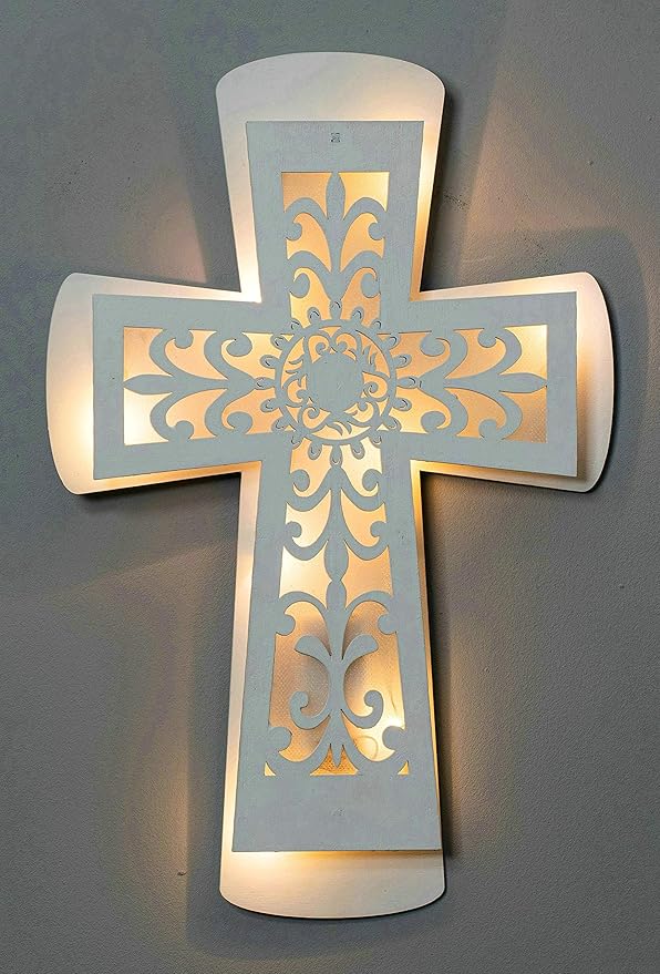 ADAVAS.Y&G Lighted Wall Cross with Fleur-de-lis cutout Design, White Wooden Cross for Wall Battery Operated 12" H