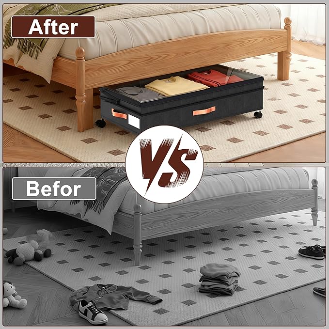 Under Bed Storage with Wheels - 2Pack 70L UnderBed Storage Containers with Clear Lid & Label, Rolling Under Bed Storage Bins for Clothes, Shoes, Blankets (XXL,Black)