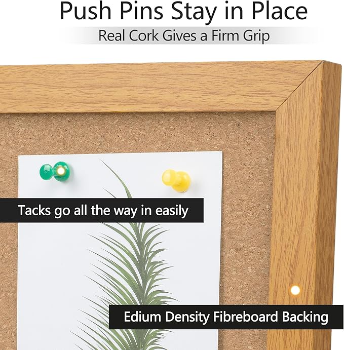 Cork Board Bulletin Board 24 x 36, Wood Framed Corkboards for Wall Decor, Hanging Office Message Board, Large Wall Mounted Notice Pin Board with 15 Push Pins for School, Home & Office