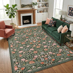 GarveeHome Dark Green Vintage Floral Washable 8x10 Area Rugs for Living Room Boho Botanical Retro Rug Low Pile Stain Resistance Non Slip Carpet for Bedroom Nursery Dining Room