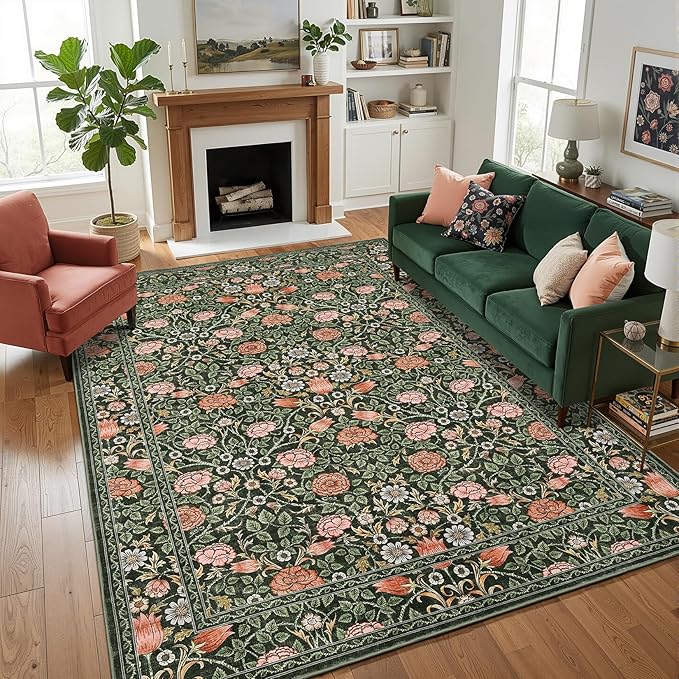 GarveeHome Dark Green Vintage Floral Washable 8x10 Area Rugs for Living Room Boho Botanical Retro Rug Low Pile Stain Resistance Non Slip Carpet for Bedroom Nursery Dining Room