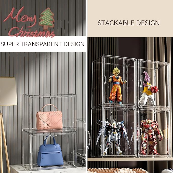Clear Stackable Plastic Storage Bins with Lid, Dustproof Book Cosmetic Acrylic Display Cases with Magnetic Door, Large Figures Collectibles Showcase