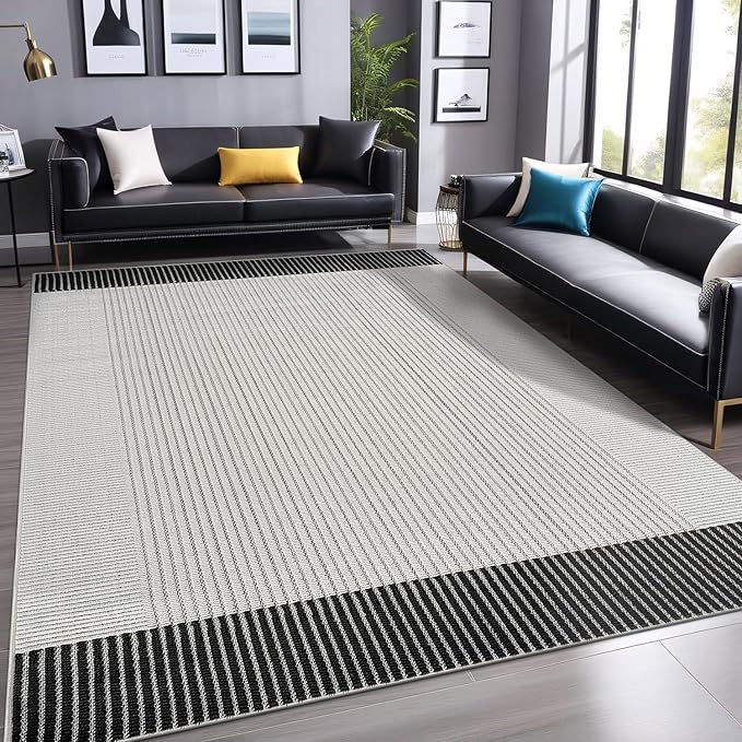 Modern Micro Loop Indoor Area Rugs for Living Room Bedroom Kitchen Geometric Striped Black-White 4x6 Luxury Durable Low and High Pile Non-Shedding Stain Resistant Soft Area Carpet 4 x 6