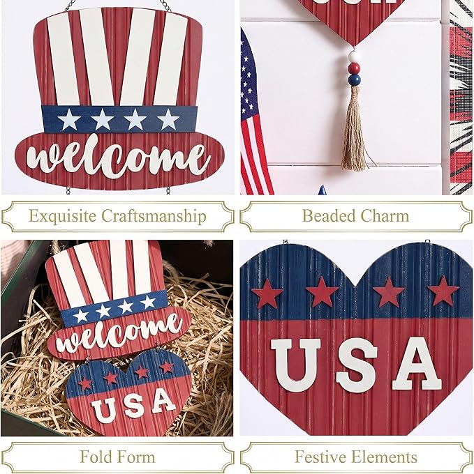 Valery Madelyn 4th of July Wreath, Patriotic Wreath for Front Door, Red White and Blue Top Hat and Heart Wall Signs for Memorial Day Independence Day USA 250th Anniversary, 28 inch